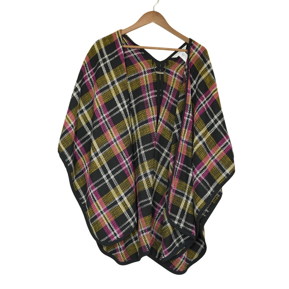 Trina Turk Plaid Poncho Wrap Black Yellow Pink M/L Fall Timeless Feminine Boho